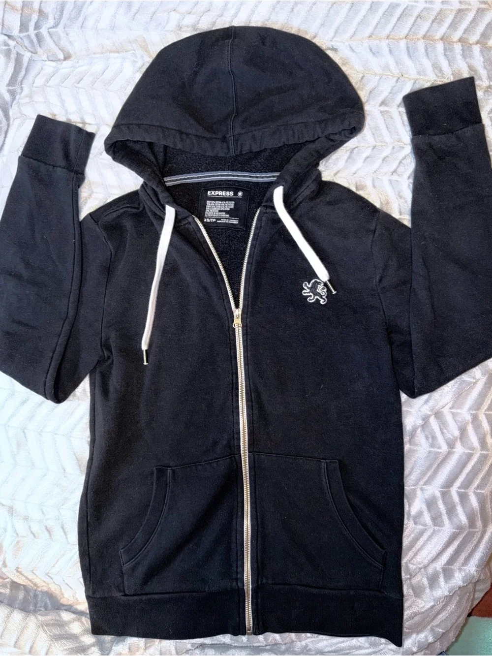 Express Mens Black Zip-Front Hoodie with White Drawstrings